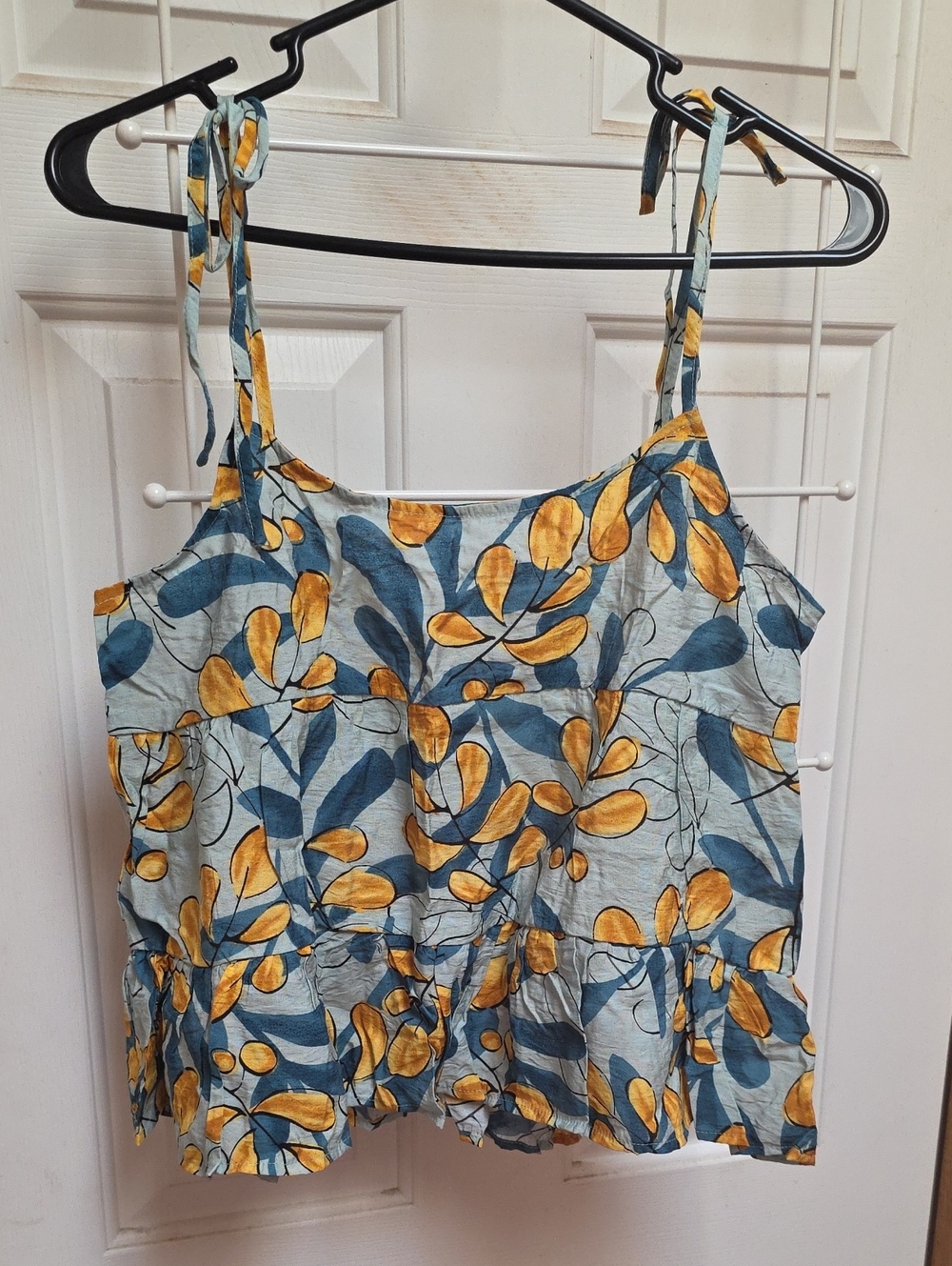 Mine Blue and Mustard Leaf Print Tie-Strap Cami NWOT